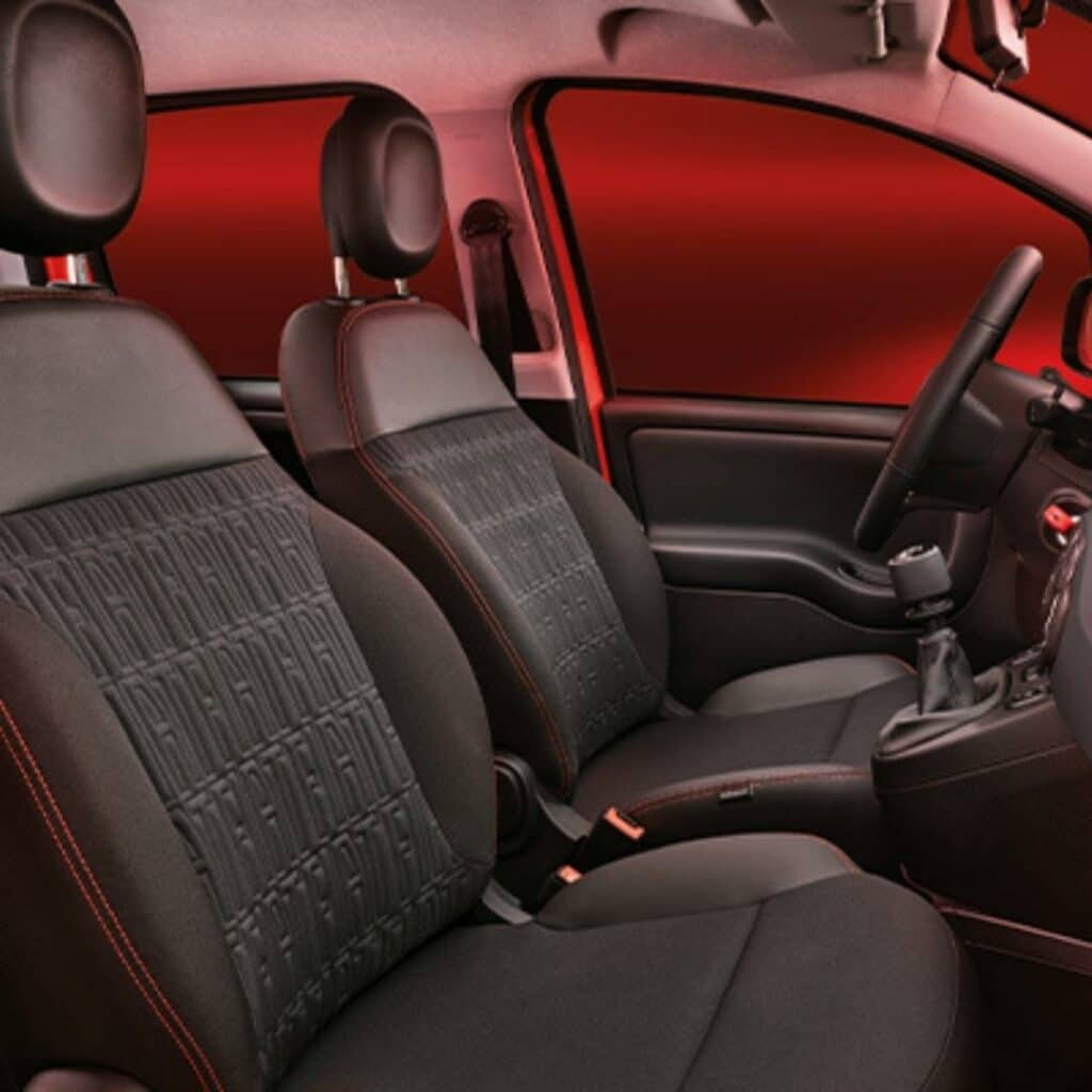 New Black seats with FIAT Monogram, SEAQUAL MARINE PLASTIC and red stitching inside the FIAT Panda RED