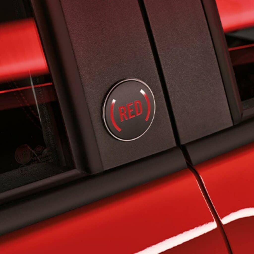 Panda RED logo on the B-Pillar to the red painted door mirrors on the FIAT Panda RED