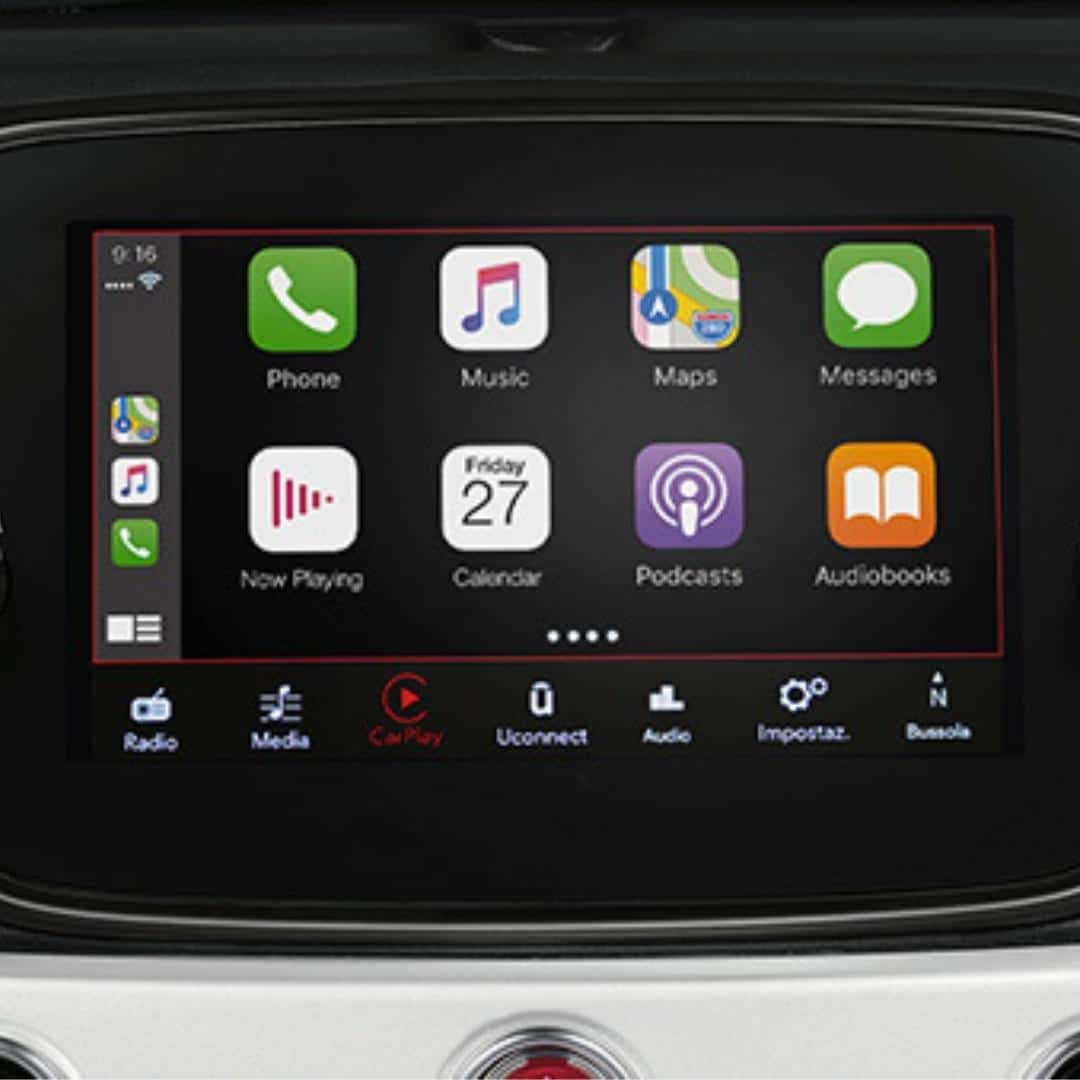 Apple Carplay and Android Auto used by simply connecting your phone to the Uconnect 7" HD display in the Fiat 500 Dolcevita Plus