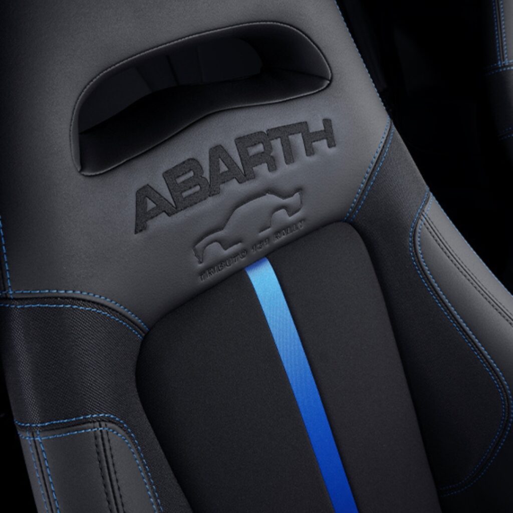 Sabelt Seats with Blue Insert with "131 Rally" Inserts on Headrest in the Abarth 695 Tributo 131 Rally.