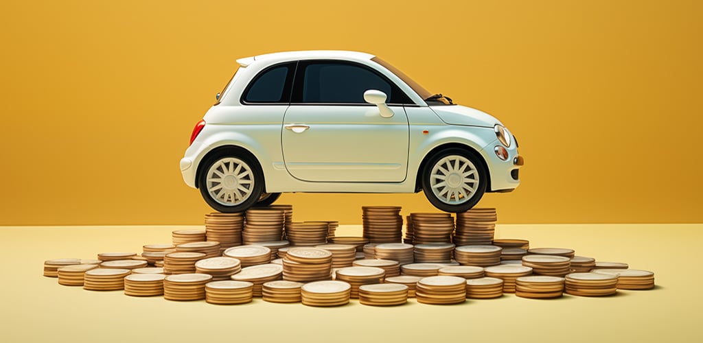 Sell My Car with 3D Graphic Of White Fiat 500 Set On Stack Of Coins underneath text