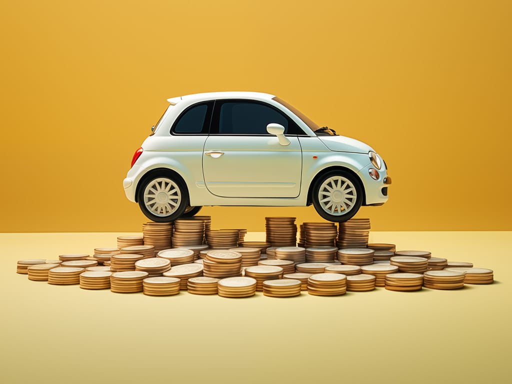Sell My Car with 3D Graphic Of White Fiat 500 Set On Stack Of Coins underneath text